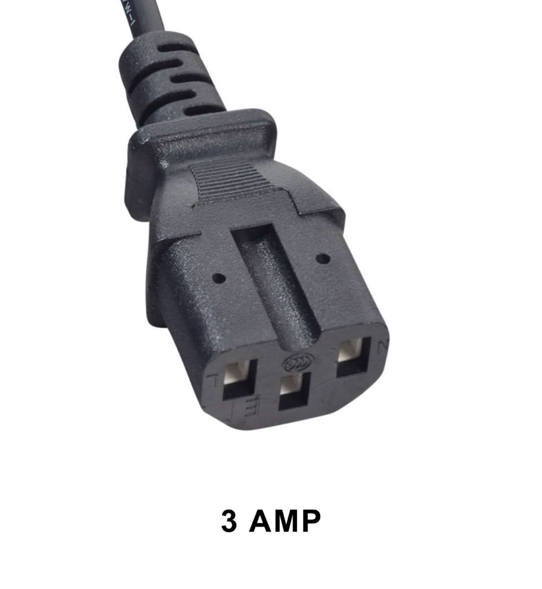 Close-up of a black power cord for the 48 Volt 3-Pin Battery Charger compatible with the MotoTec Off Road 48V 1000W Go-Kart, showing its plug and cable.