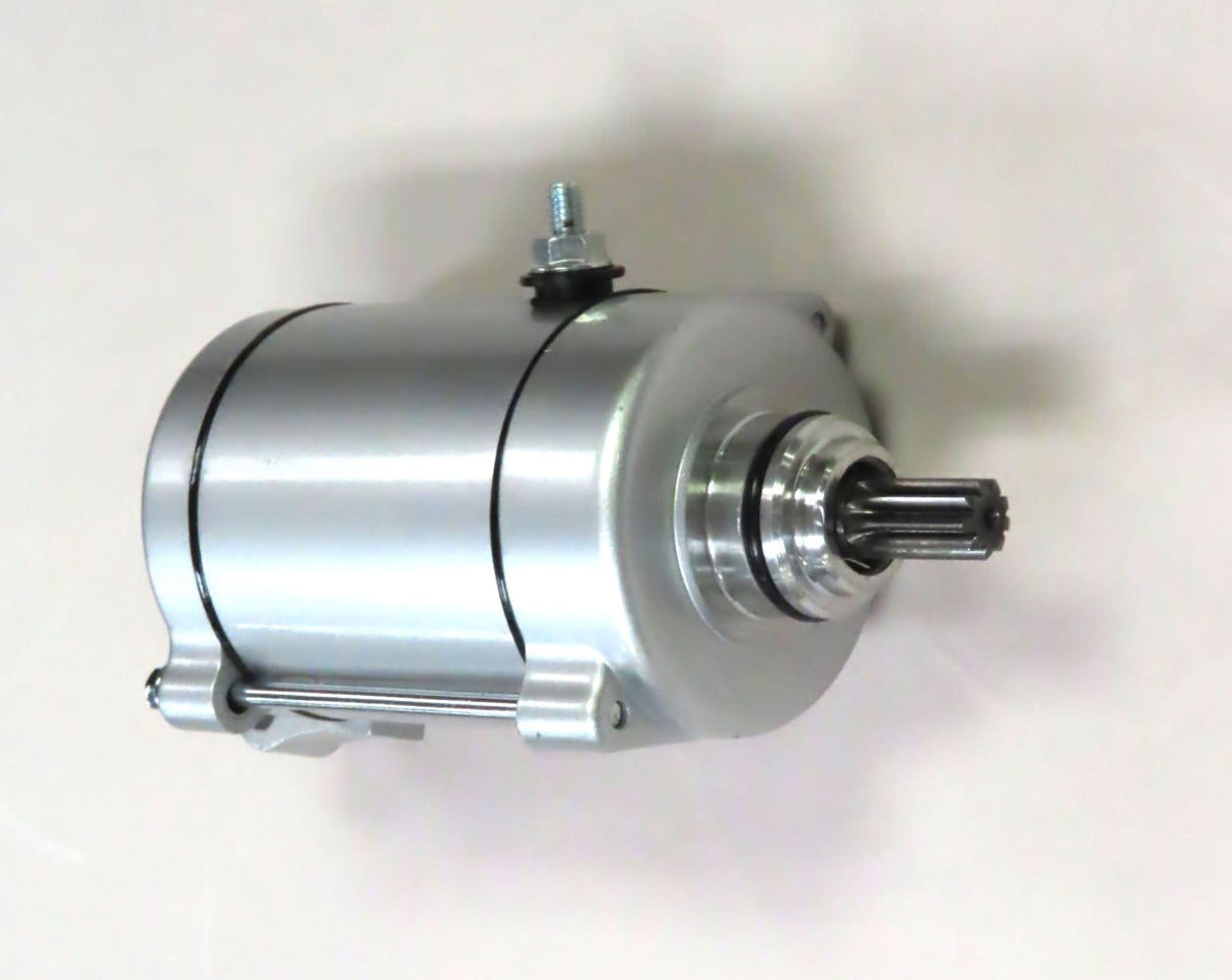 9 Tooth Starter Motor for 125cc/150cc, 250cc & 400cc ATVs, Dirt Bikes, & Go Karts (Missing Hardware) – a silver electric motor with a metal shaft and black rings.