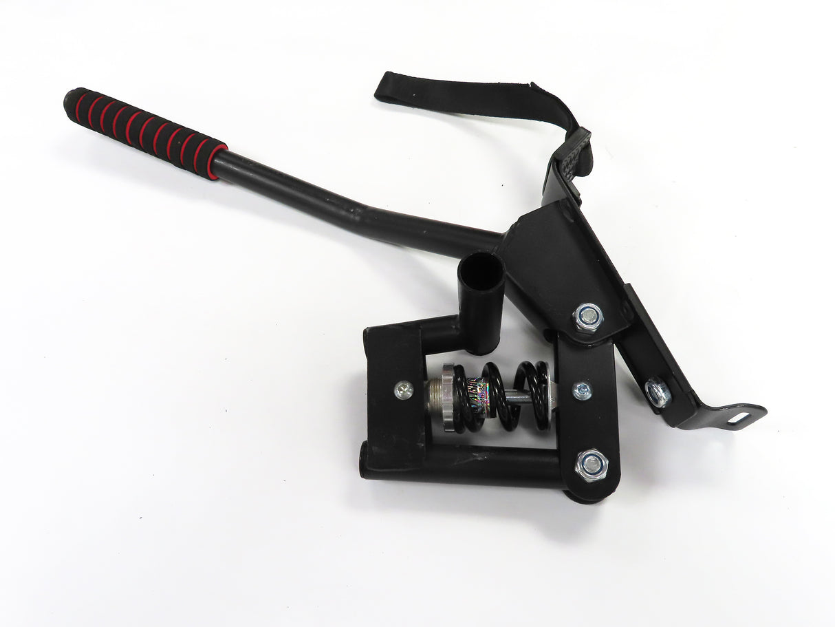 Deluxe Hoverboard Go-Kart Attachment Kit with Large Front Wheel & Suspension (Blemished) featuring a black metal frame, handlebar levers, and visible spring mechanism.