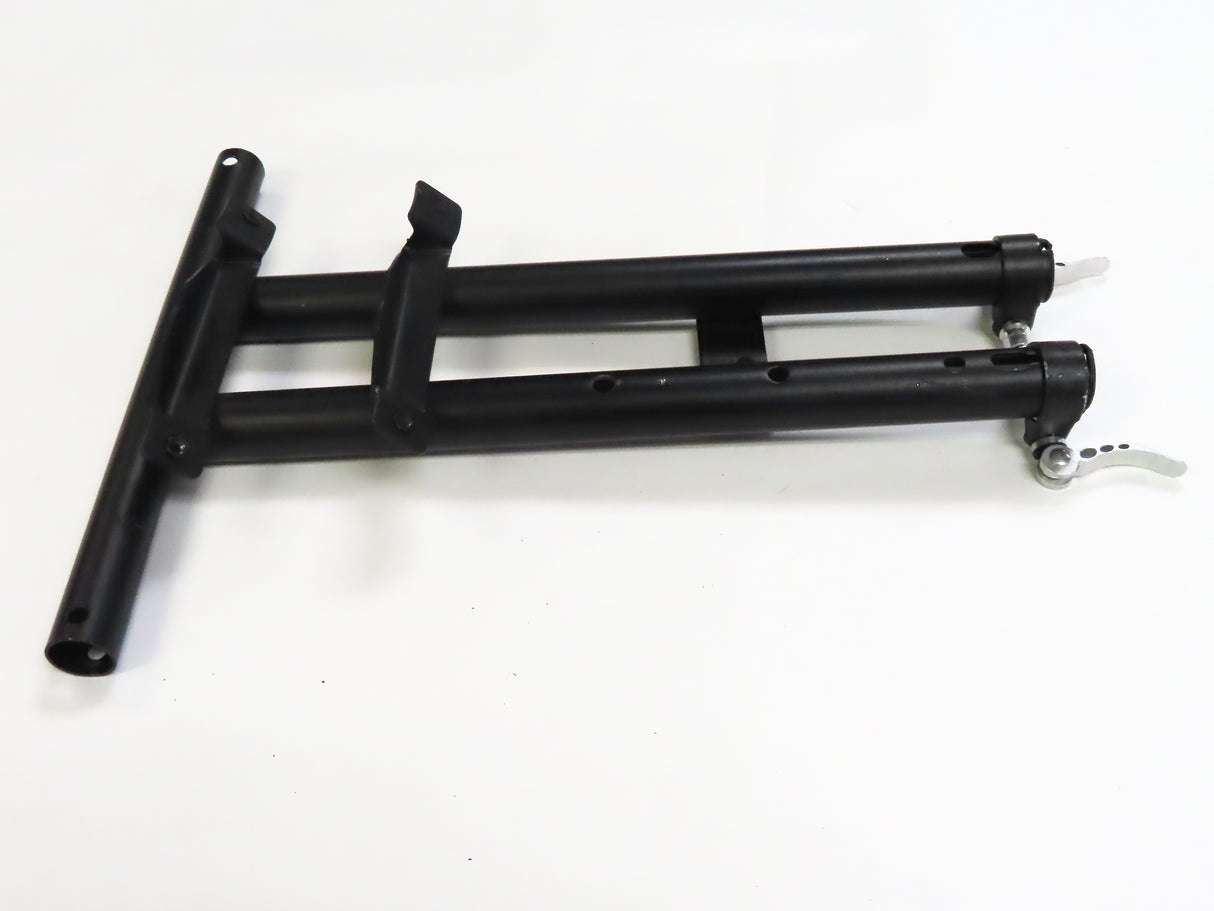 Deluxe Hoverboard Go-Kart Attachment Kit with Large Front Wheel & Suspension (Blemished) showing black metal components with screws, adjustable frame, and a go-kart seat, highlighting cosmetic scratches and scrapes.