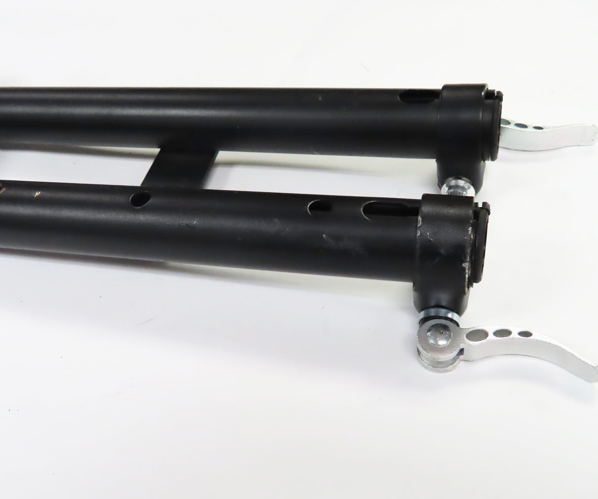 Deluxe Hoverboard Go-Kart Attachment Kit with Large Front Wheel & Suspension (Blemished) featuring a black metal frame, silver parts, and a go-kart seat with some scratches.