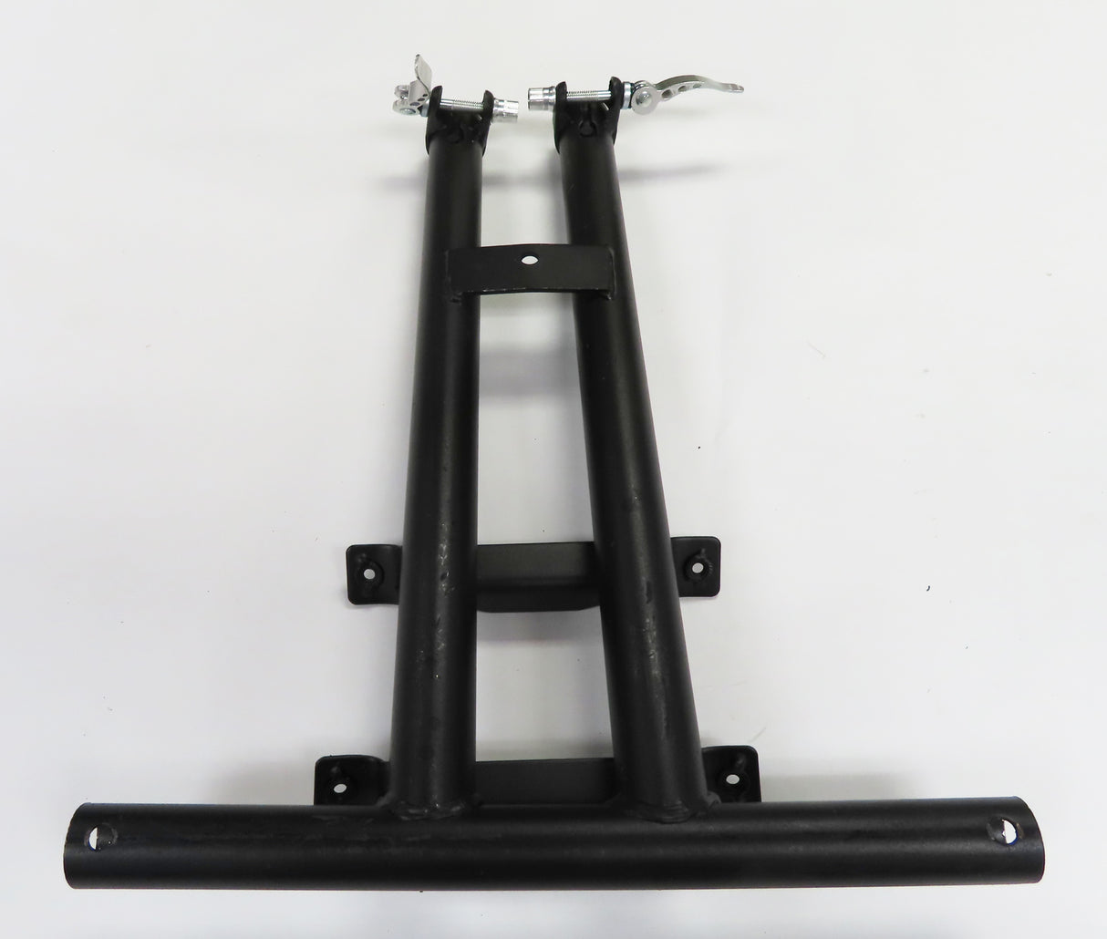 Deluxe Hoverboard Go-Kart Attachment Kit with Large Front Wheel & Suspension (Blemished), featuring a black metal frame with screws and holes, and a go-kart seat.