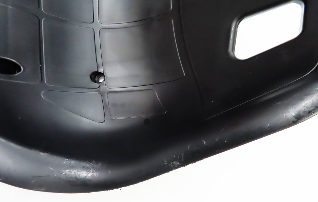 Deluxe Hoverboard Go-Kart Attachment Kit with Large Front Wheel & Suspension (Blemished) featuring black plastic surface, visible screws, and slight scratches on the black enamel finish and plastic seat.