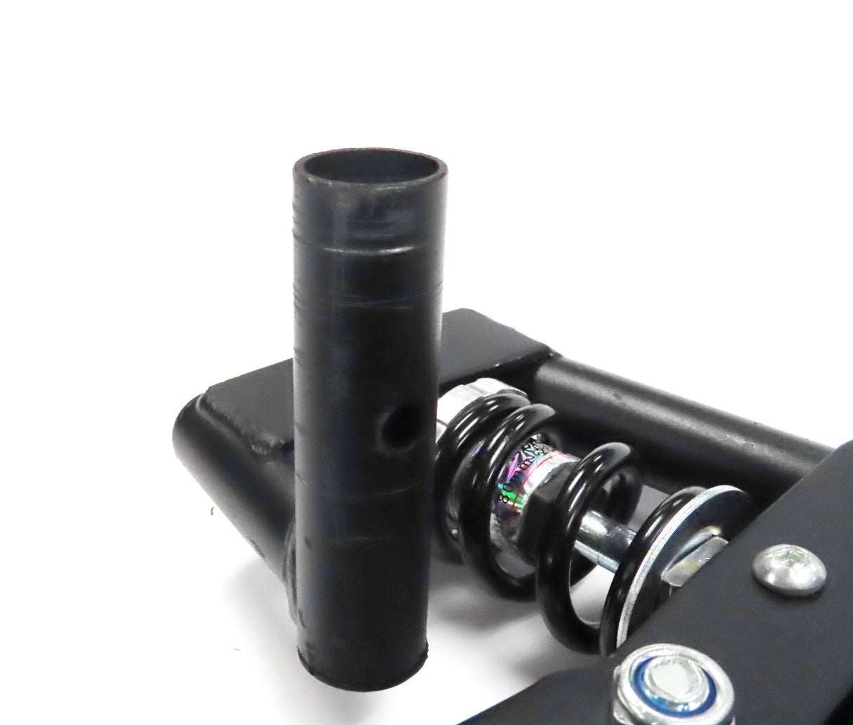 Deluxe Hoverboard Go-Kart Attachment Kit with Large Front Wheel & Suspension (Blemished), featuring a black metal frame, black tube, front caster wheel, and handlebar levers, visible scratches on the finish.