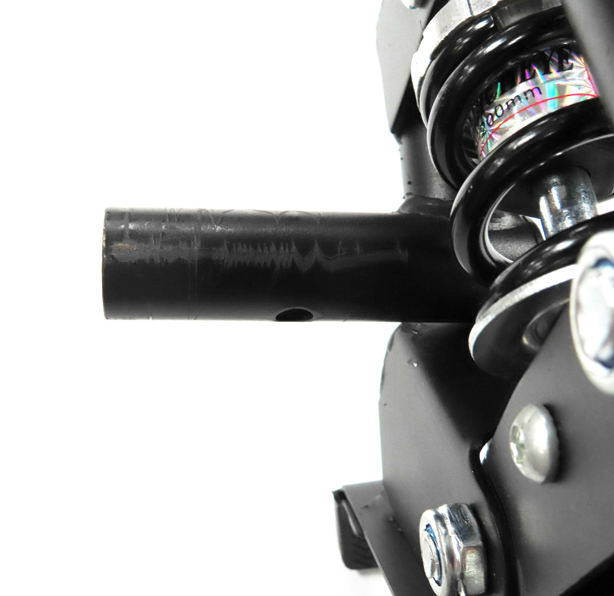 Deluxe Hoverboard Go-Kart Attachment Kit with Large Front Wheel & Suspension (Blemished), showing a black metal frame, suspension system, and handlebars for steering.