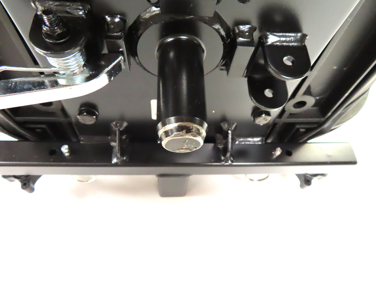 17 Wide Molded Seat Assembly for Go-Go and Pride Mobility Scooters (Blemished) featuring a black metal frame with screws, black vinyl covers, and minor scrapes on plastic and metal components.