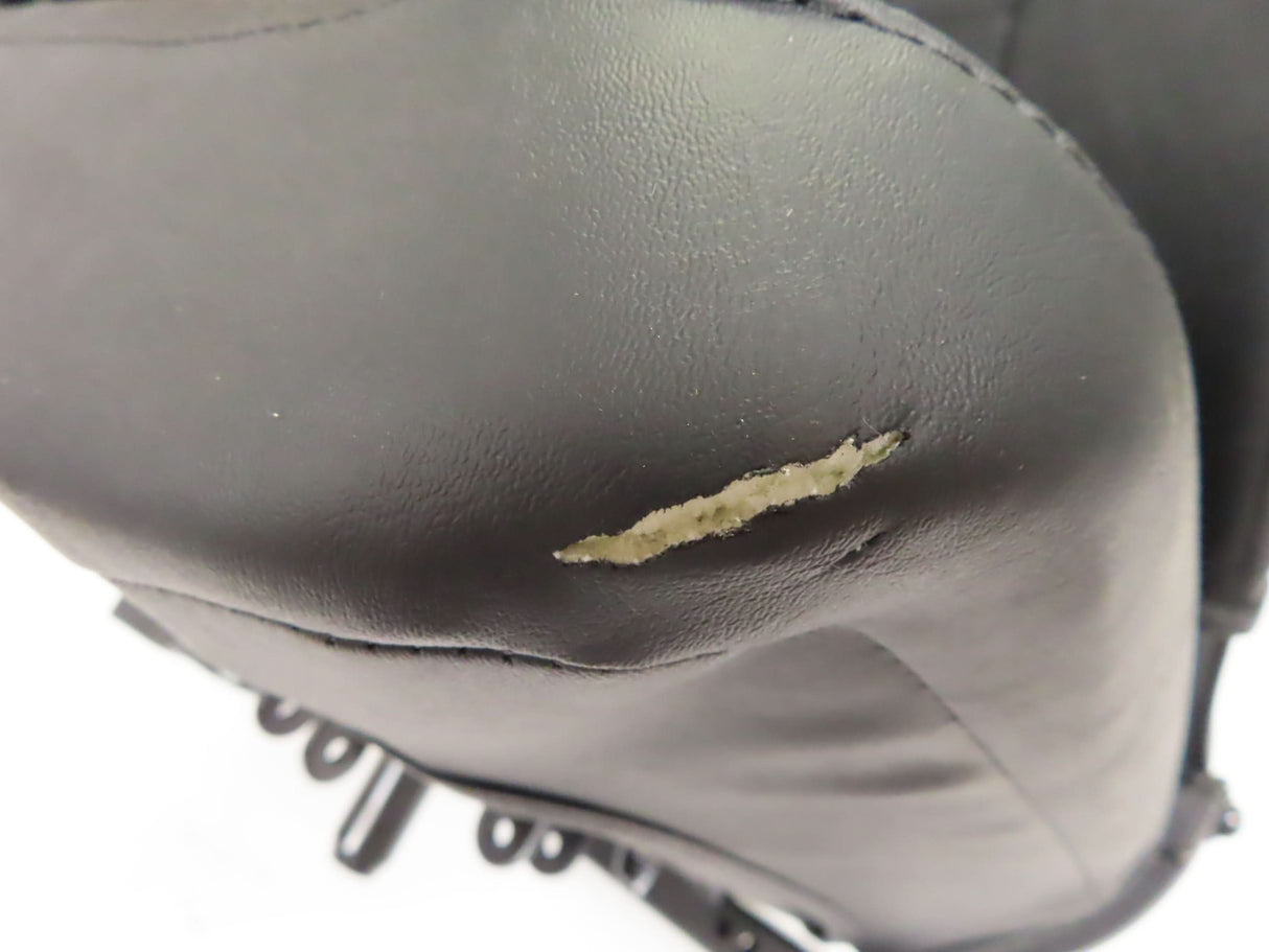 17 Wide Molded Seat Assembly for Go-Go and Pride Mobility Scooters (Blemished) showing a black leather seat with a 1 tear on the front base, including armrests and seat frame.