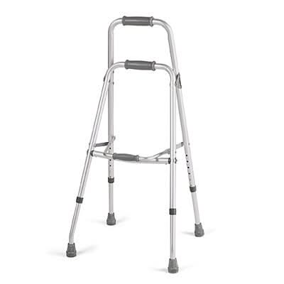 Invacare Hemi Walker, a metal mobility aid with gray handles, designed for one-hand use. Features a wide, stable base and adjustable height, supporting up to 250 lb.