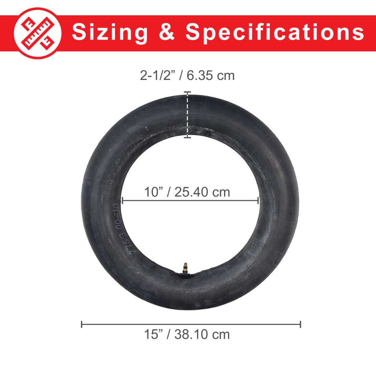 2.75/3.00-10 (90/65-10) Inner Tube for Baja, Honda, Motovox, & Razor dirt bikes shown with measuring tape around the tire, highlighting measurement accuracy and compatibility with various dirt bike models.