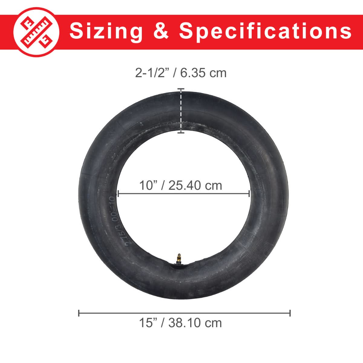 2.75/3.00-10 (90/65-10) Inner Tube for Baja, Honda, Motovox, & Razor dirt bikes shown with measuring tape around the tire, highlighting measurement accuracy and compatibility with various dirt bike models.