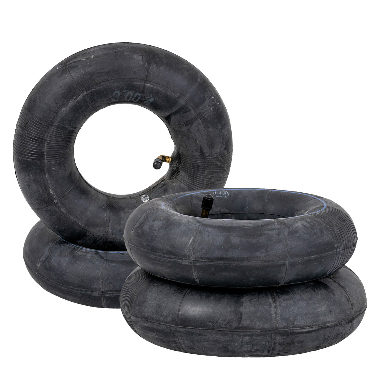 12x3.00-4 Pneumatic Mobility Tire with C248 Powertrax Tread, showcasing its durable rubber construction and valve stem, stacked together for display.
