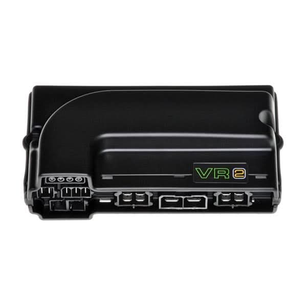 VR2 Controller for Jazzy Power Chairs, a black electronic device with multiple ports, shown in a close-up view, highlighting its intricate design and functionality for Jazzy 600 or Select 6 Ultra models.