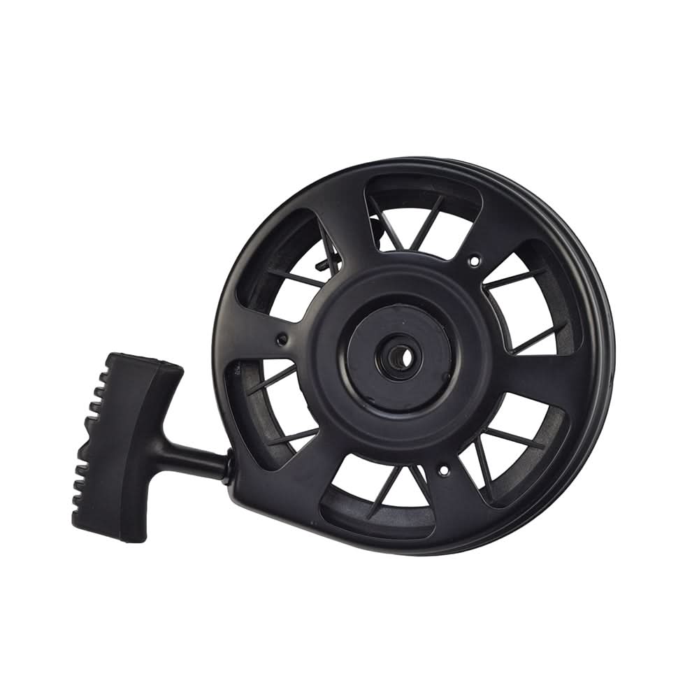 Pull Start 150045 / 590737 for Tecumseh TVS series 90-120, OVRM105, AV520, TVXL840, H30 LV, TVS, and VLV Engines; a black plastic reel with a handle for lawn mower engines.