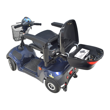 Universal Mobility Scooter Rear Trunk & Bracket Assembly shown mounted on a blue scooter with a basket, highlighting the secure attachment and spacious storage for accessories.