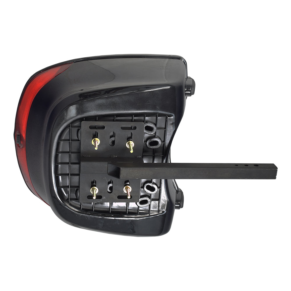 Universal Mobility Scooter Rear Trunk & Bracket Assembly featuring a black plastic seat with screws, a black metal bar, and three quick release pins for secure attachment to a 1 accessory bar.