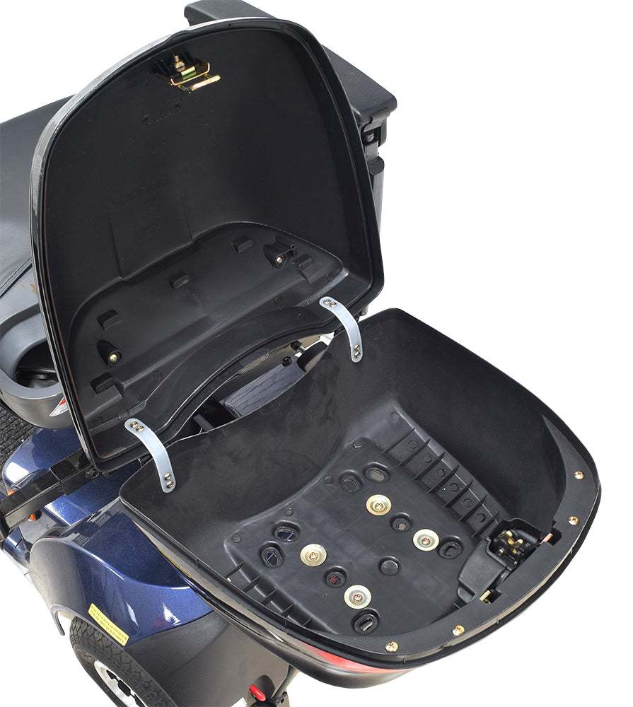 Universal Mobility Scooter Rear Trunk & Bracket Assembly with lid open, showing spacious interior for storage. Includes three quick release pins for versatile attachment to various scooter models.
