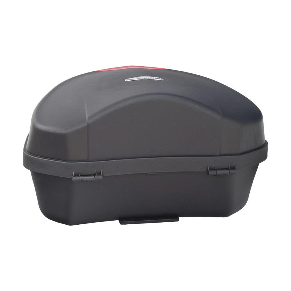 Deluxe Top Case Scooter Trunk (X-Large) (Blemished) is a black plastic storage box with a red handle and logo, designed for mounting on scooter rear racks.