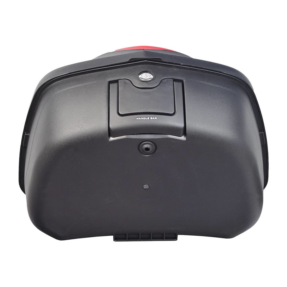 Deluxe Top Case Scooter Trunk (X-Large) (Blemished) featuring a black box with a red and black handle, mounting holes, and a locking mechanism.