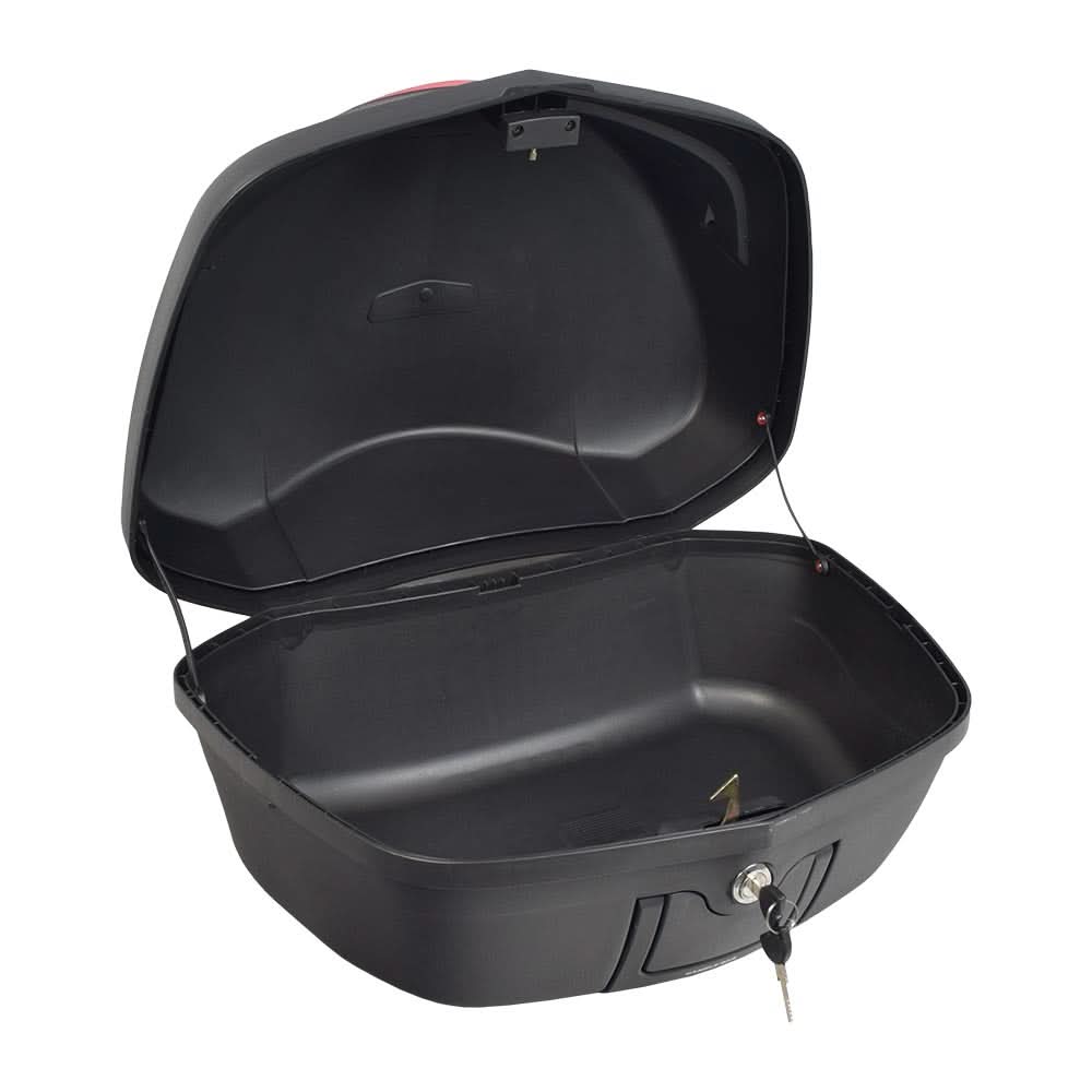 Deluxe Top Case Scooter Trunk (X-Large) with a black plastic exterior and locking mechanism, featuring a handle and keys. Suitable for mounting on scooter racks, it offers ample storage space.