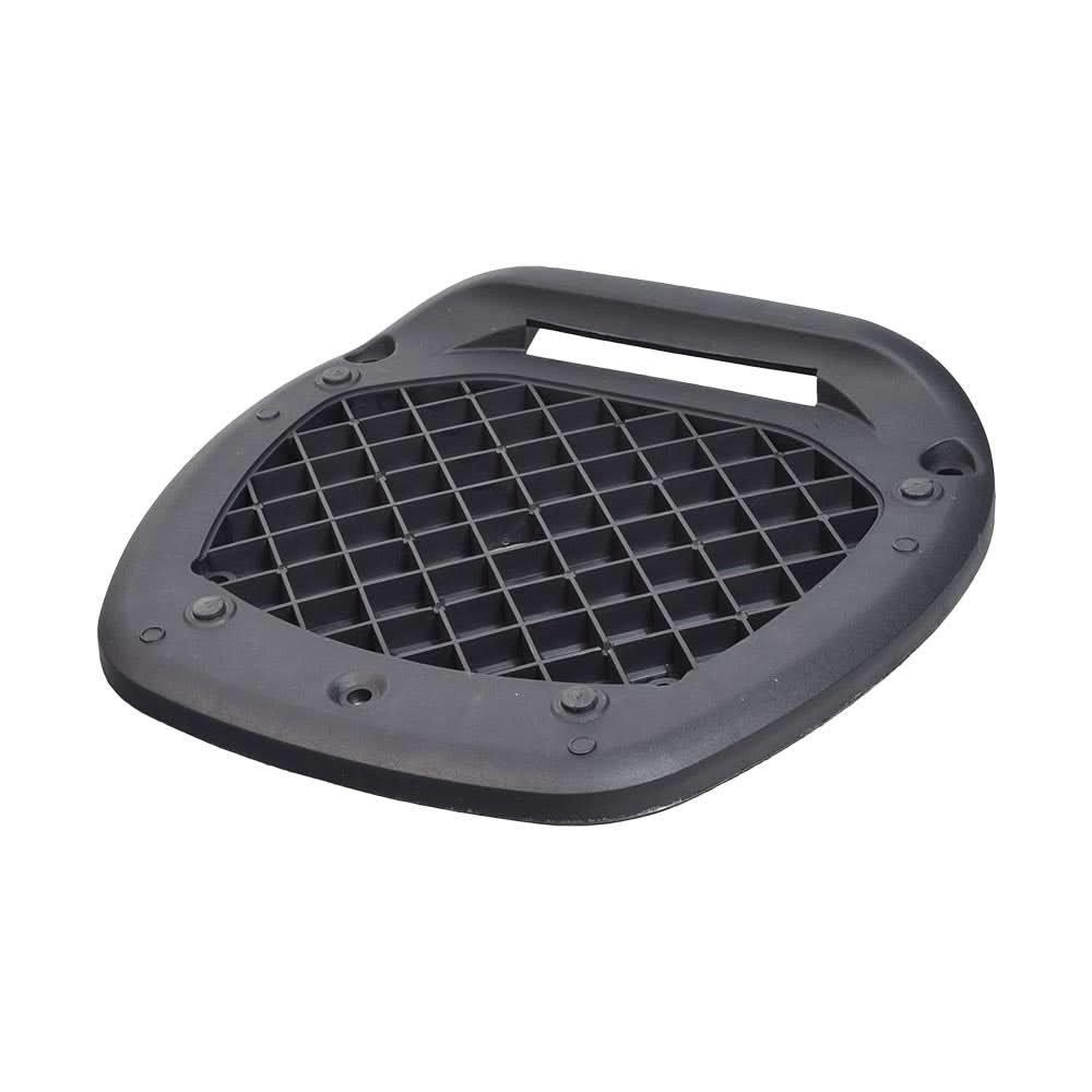 Deluxe Top Case Scooter Trunk (X-Large) (Blemished) - a black plastic trunk with small square holes, featuring a universal mounting platform with pre-drilled holes and a secure locking mechanism.