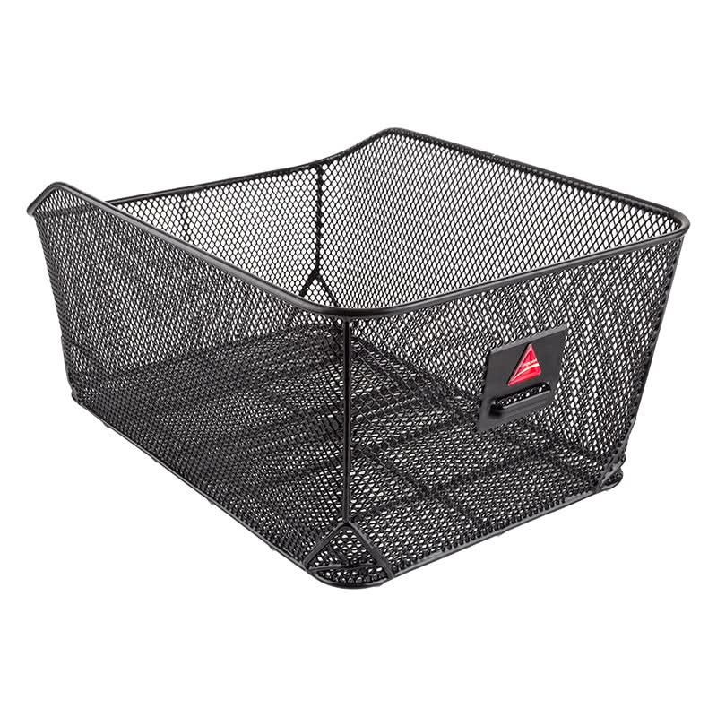Market-Style Rear Basket for Bicycles (Axiom): Durable black wire mesh basket with a red triangle on top, designed for rear rack mounting, offering high weight capacity and cut-away section for seat clearance.