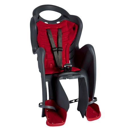 Mr Fox Relax Reclining Rear Frame-Mounted Child Carrier for Bikes, showcasing a spacious seat with high sideboards, adjustable harness, and wide leg protection for safety and comfort.