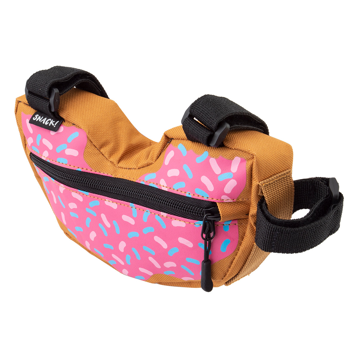 Doughnut Frame Bag for Bikes: A bike-mounted bag with a doughnut design featuring sprinkles, secured by three Velcro straps, and includes a zipper for 60 cubic inches of storage space.
