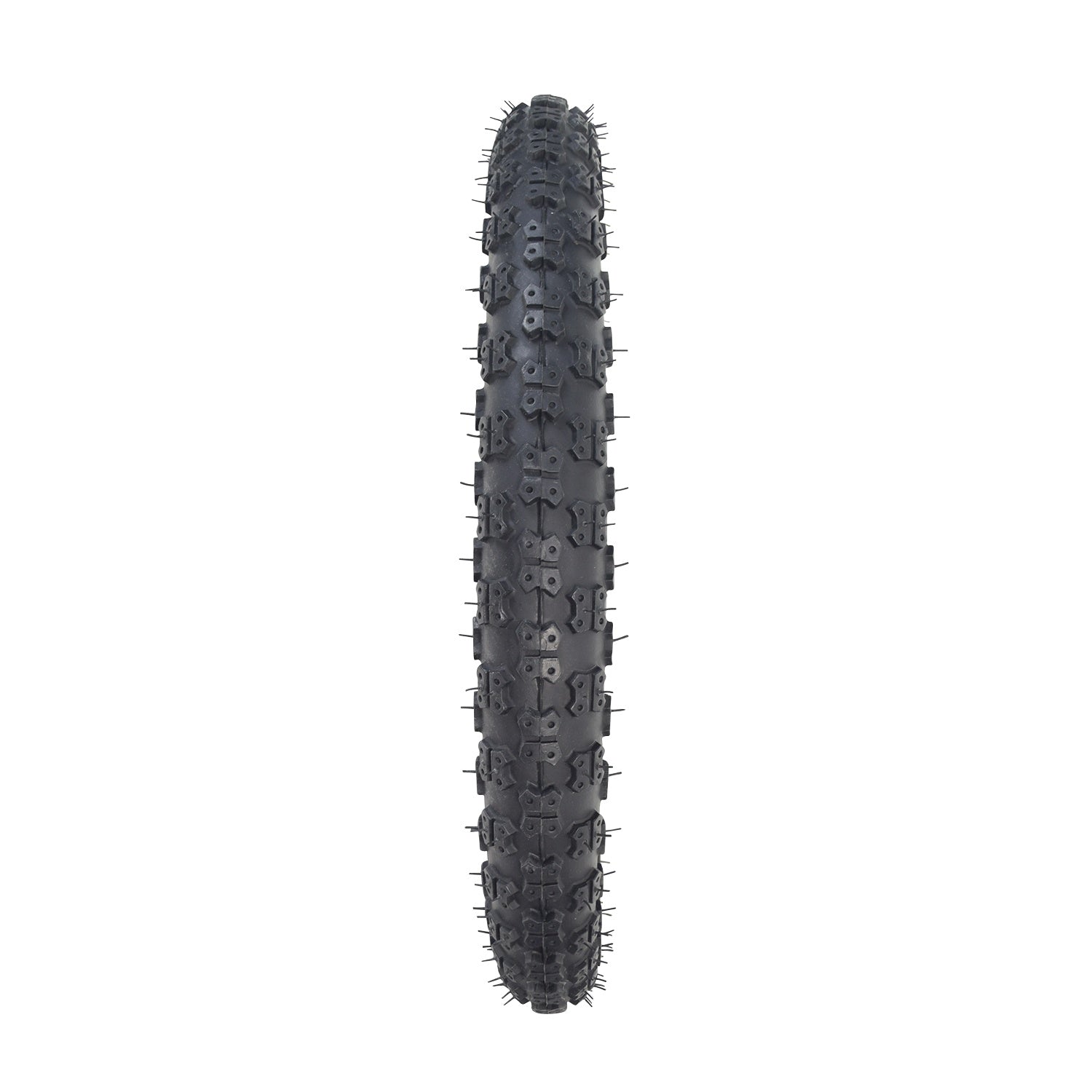 14x2.125 Black MX3 Bicycle Tire with K50 Tread, featuring a close-up view of its knobby, spiked design. Ideal for replacing old bike tires for a smoother ride.