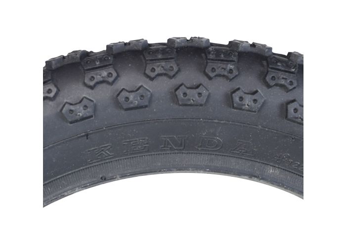 14x2.125 (57-254) Pneumatic Tire for Electric Bikes featuring a knobby tread pattern, ideal for both soft ground and hard concrete riding. Close-up view highlights the tire's durable synthetic rubber construction.