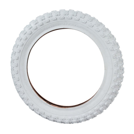 14x2.125 White MX3 Bicycle Tire by Sunlite, featuring a clean, circular design with a central hole, ideal for replacing old bike tires.