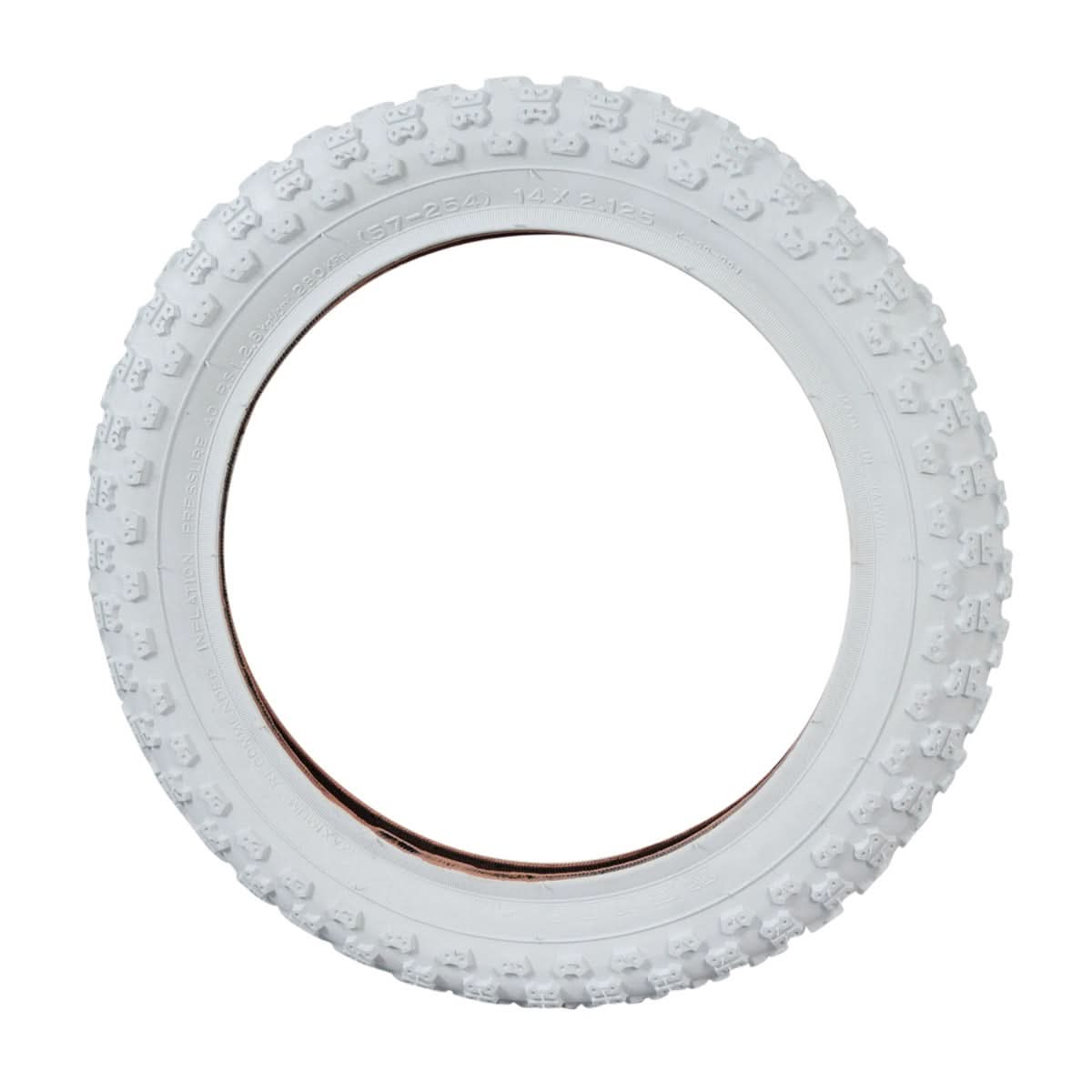 14x2.125 White MX3 Bicycle Tire by Sunlite, featuring a clean, circular design with a central hole, ideal for replacing old bike tires.