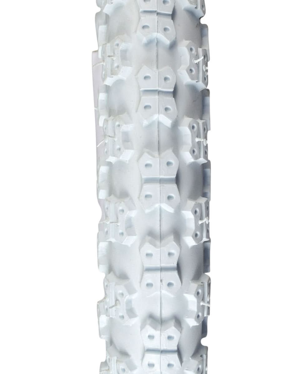 Close-up of the 14x2.125 White MX3 Bicycle Tire from Sunlite, showcasing its unique design with holes. Ideal for replacing old bike tires.