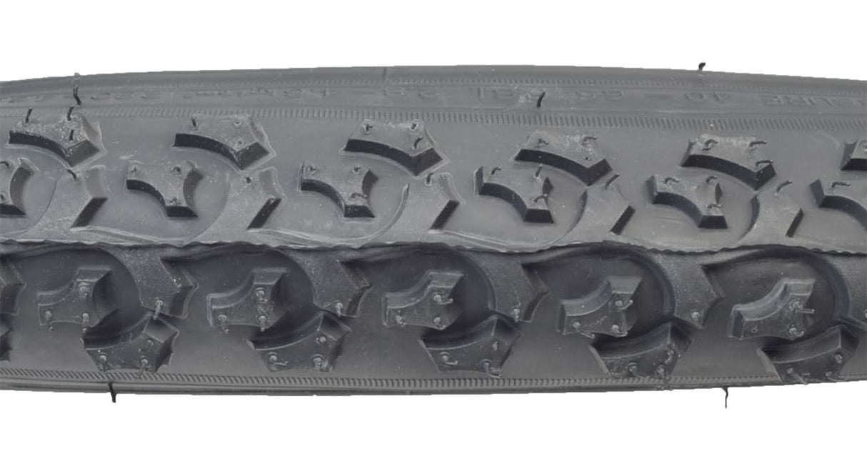 24x1.95 Black MTB Alpha Bite Bicycle Tire with K831 Tread, featuring a close-up of the tire's large, widely spaced knobs, ideal for hardpack, mud, or loose sand on dirt trails.