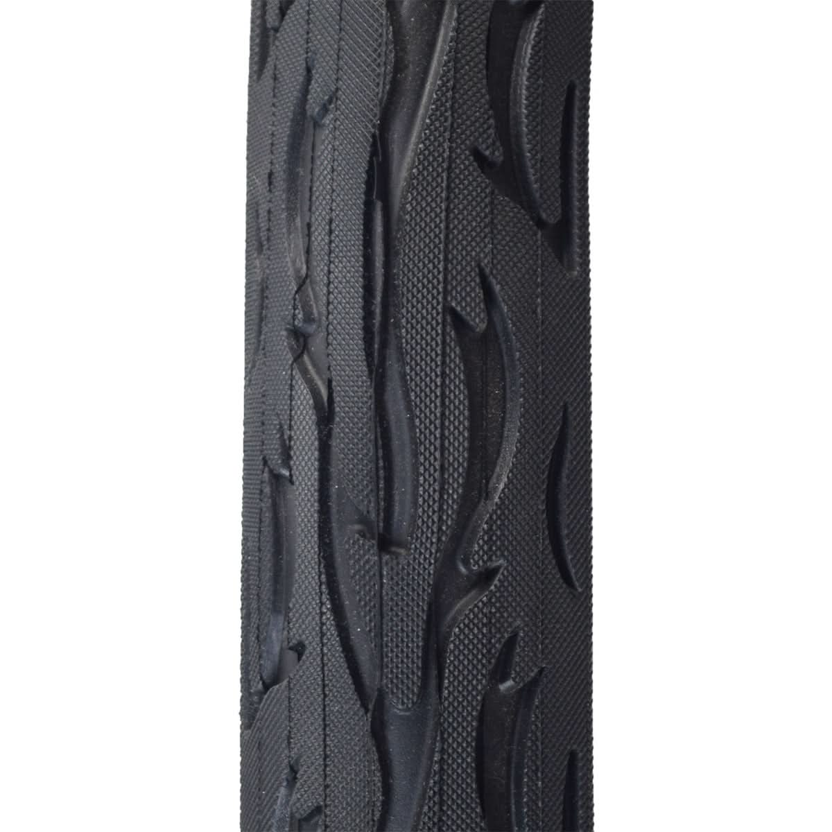 Close-up of the 24x3 Black Cruiser Flame Bicycle Tire with K1008A Tread, showcasing its beveled diamond-shaped pattern for enhanced traction.