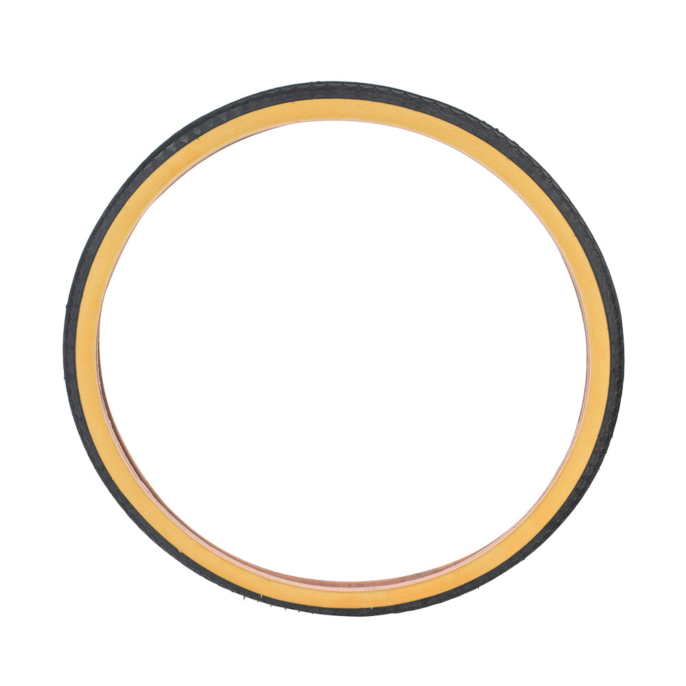 26x1-1/2 Black/Gum Street Bicycle Tire from Sunlite, featuring a black and yellow circular design, ideal for street biking. Suitable only for bikes originally fitted with 26x1-1/2 size tires.