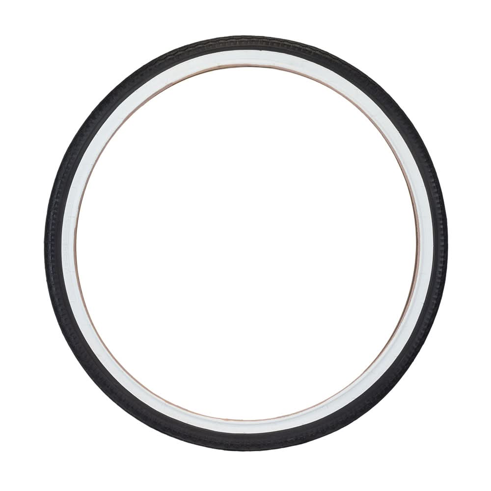 26x1.75 White Wall Street Tire with K123 Tread, featuring a close-up view of its shallow grooved tread pattern, ideal for urban and recreational biking. The tire showcases distinctive two-tone sidewalls.