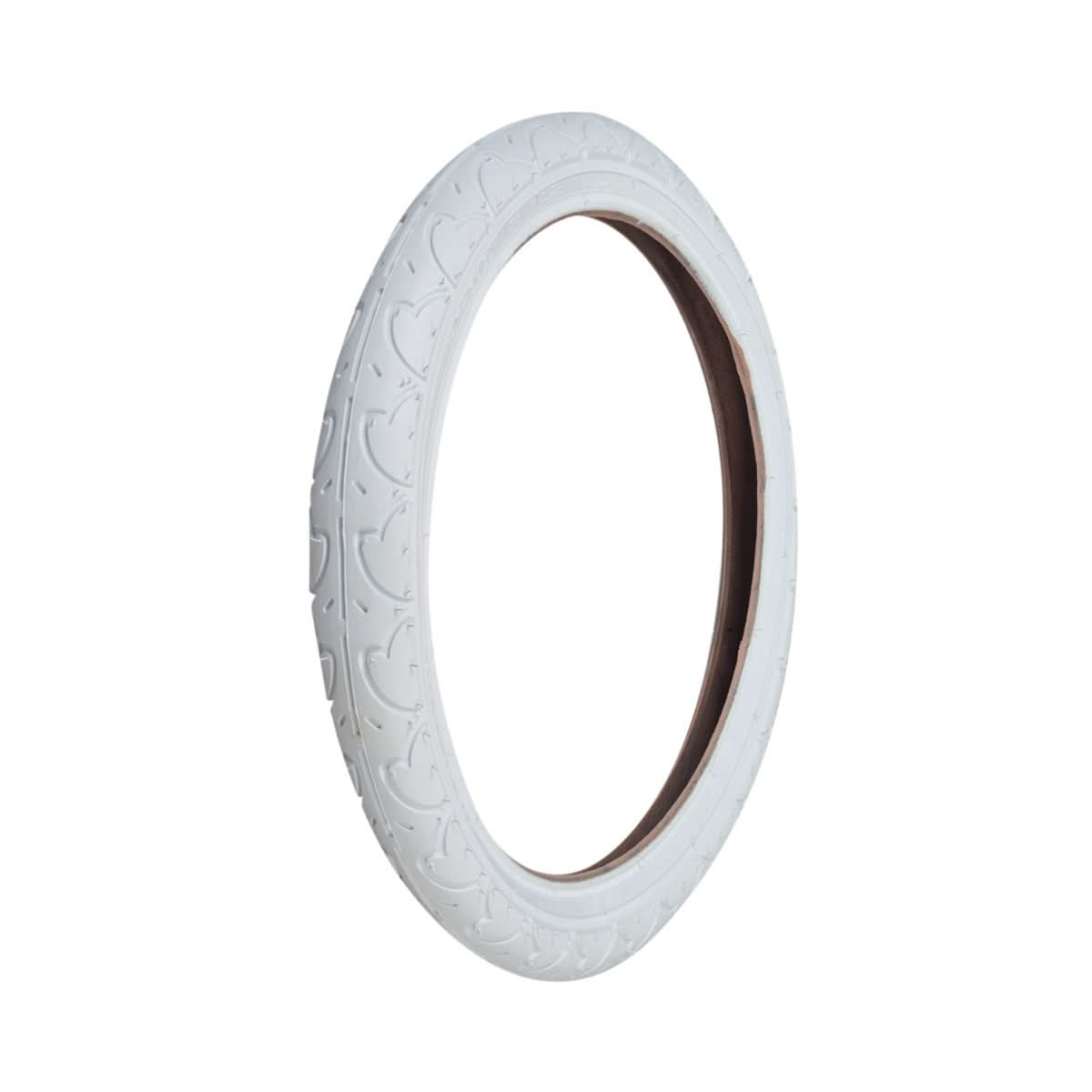 16x1.75 White Freestyle PC Bicycle Tire from Sunlite with a heart pattern on the surface, designed for replacement use on 16-inch bike rims.