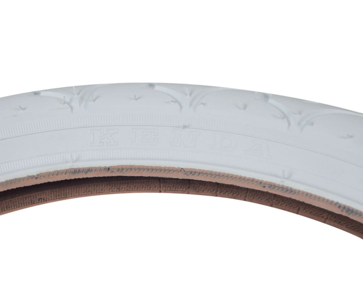 16x1.75 White Freestyle PC Bicycle Tire from Sunlite, featuring a sleek design ideal for bike replacements, shown in a close-up view highlighting the tire's texture and structure.