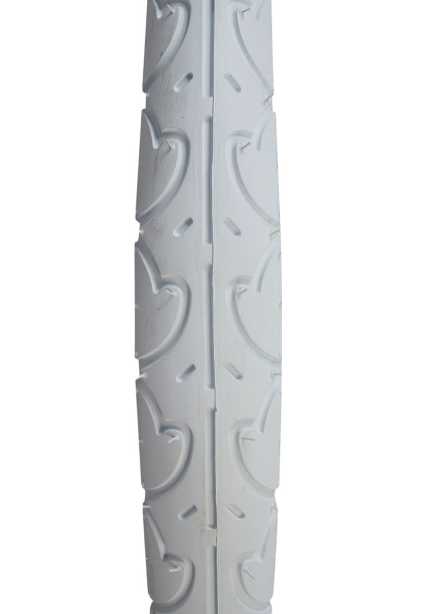 16x1.75 White Freestyle PC Bicycle Tire from Sunlite, featuring a unique heart pattern tread, perfect for replacing old bike tires with a stylish and reliable option.