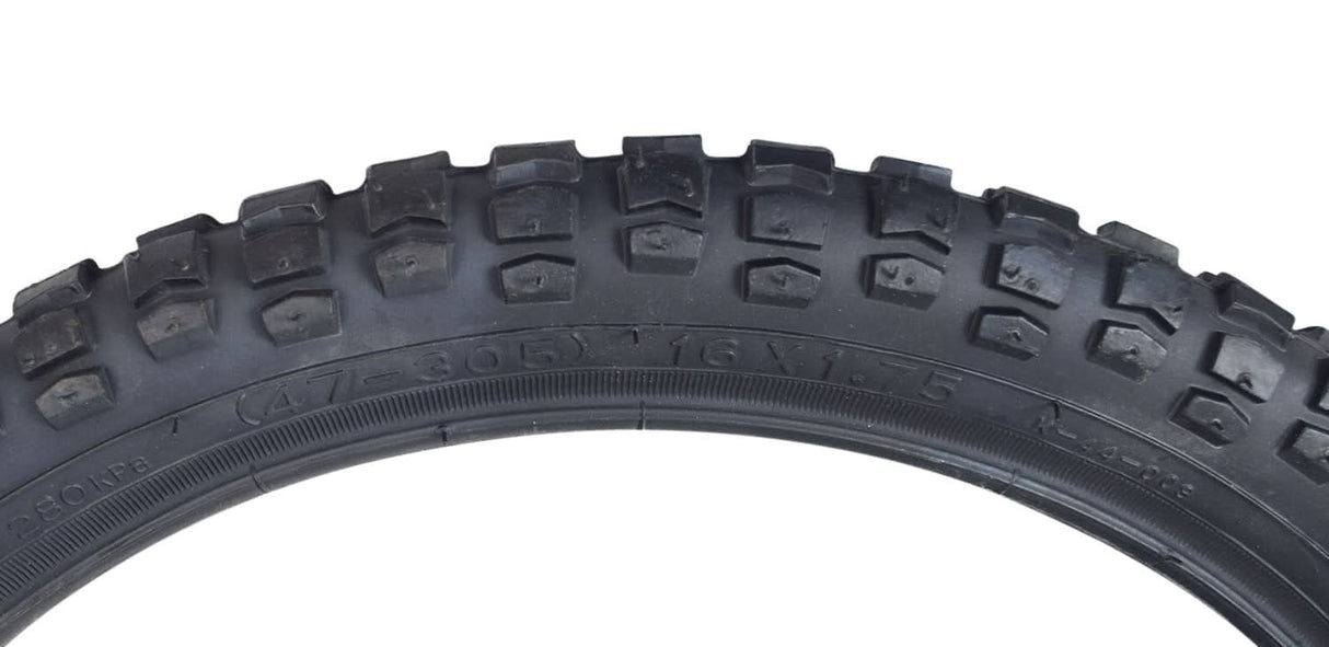 16x1.75 Black MX Bicycle Tire from Sunlite, showcasing a close-up view of the robust tire tread design, ideal for replacing old bike tires.