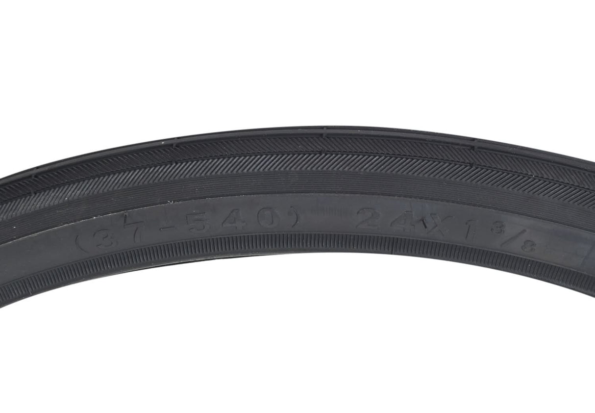 24x1-3/8 Black Road Bicycle Tire from Sunlite, featuring detailed tread pattern and sidewall markings, ideal for replacing old bike tires.