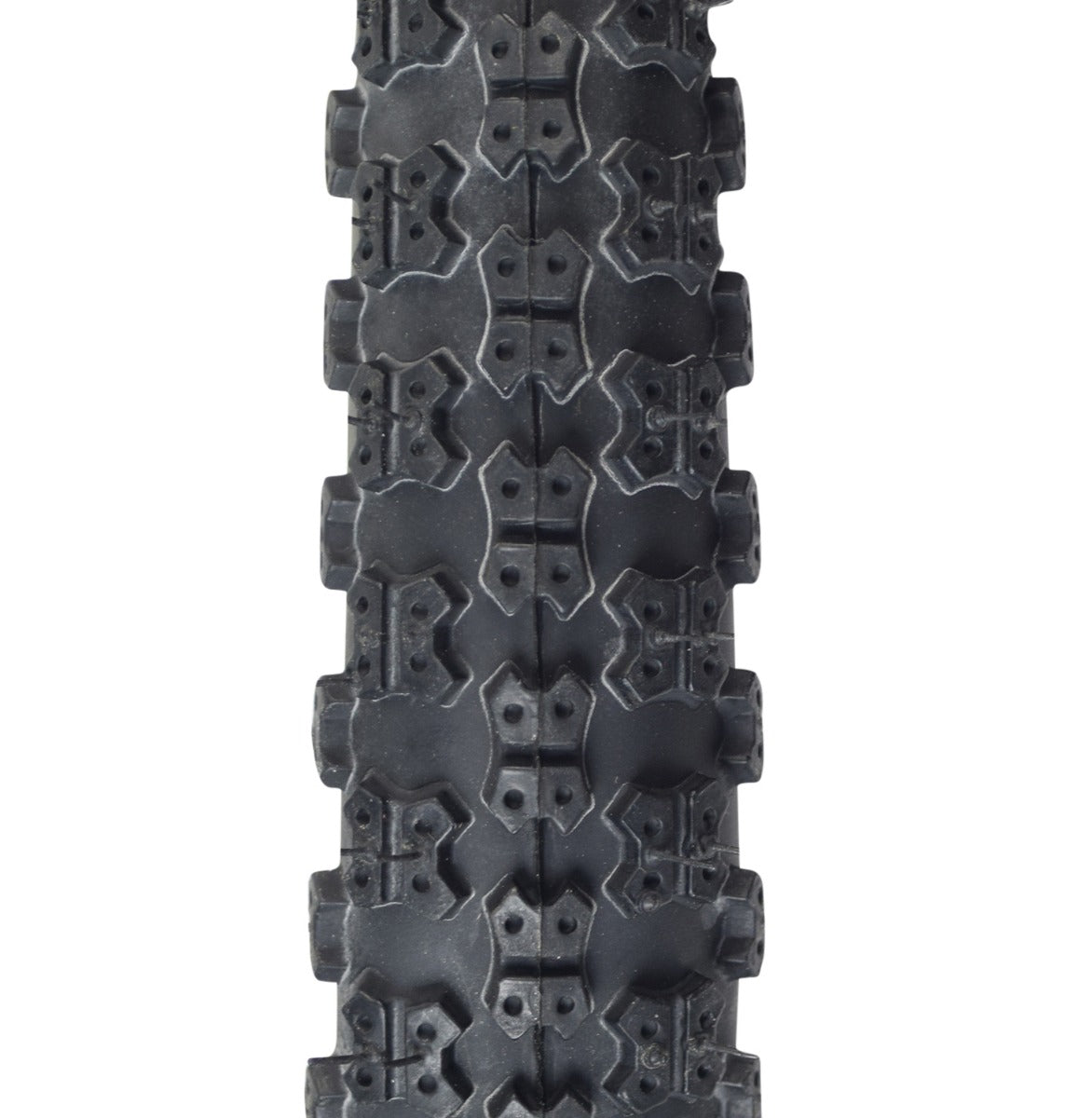 Close-up of the 16x1.75 MX3 Bicycle Tire from Sunlite, showcasing the detailed cross pattern and rubber texture, ideal for replacing old bike tires.