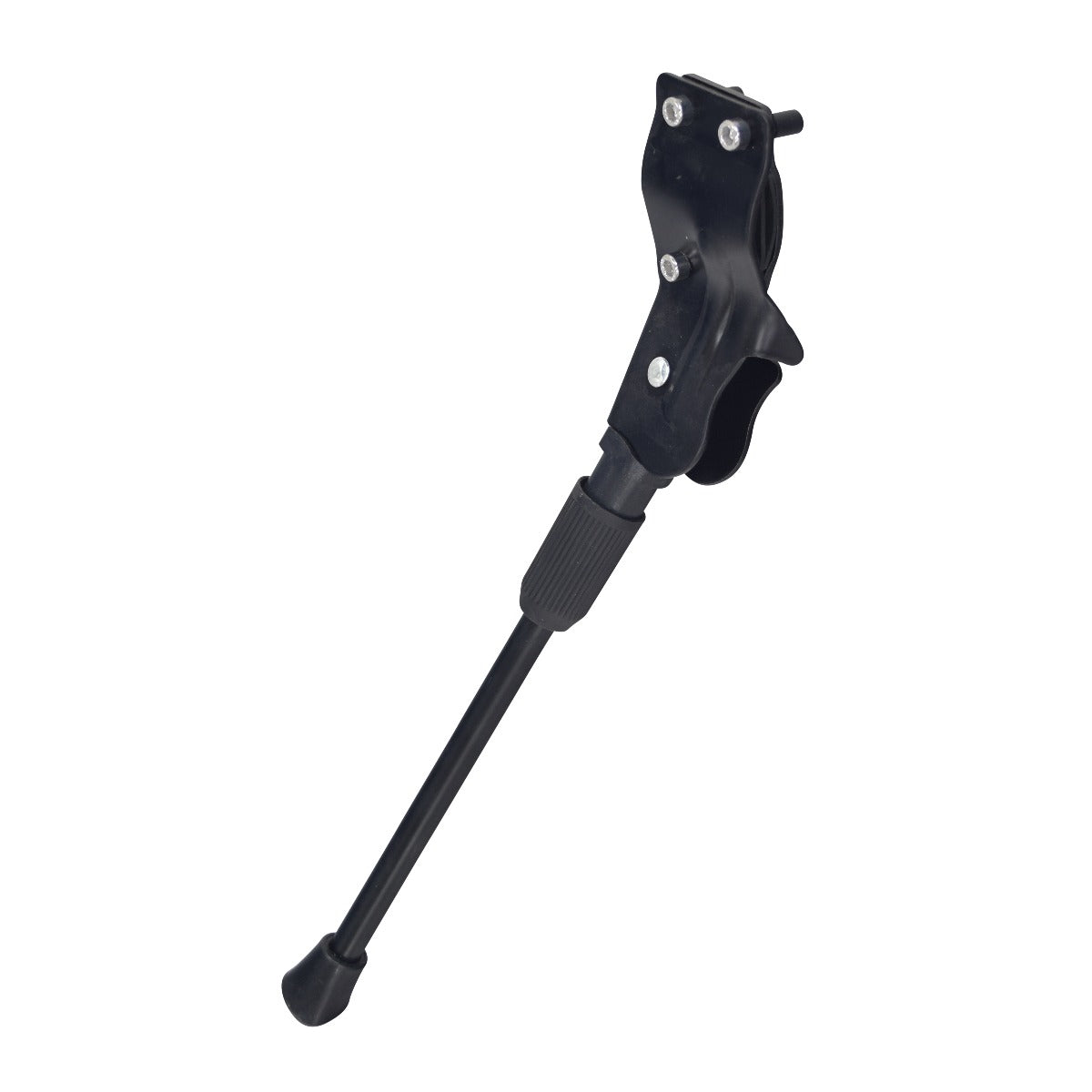 Black Iron Alloy Kickstand for 26 Bikes featuring a black metal stand with a black handle and visible silver screws, designed for 2-hole frame mounts.