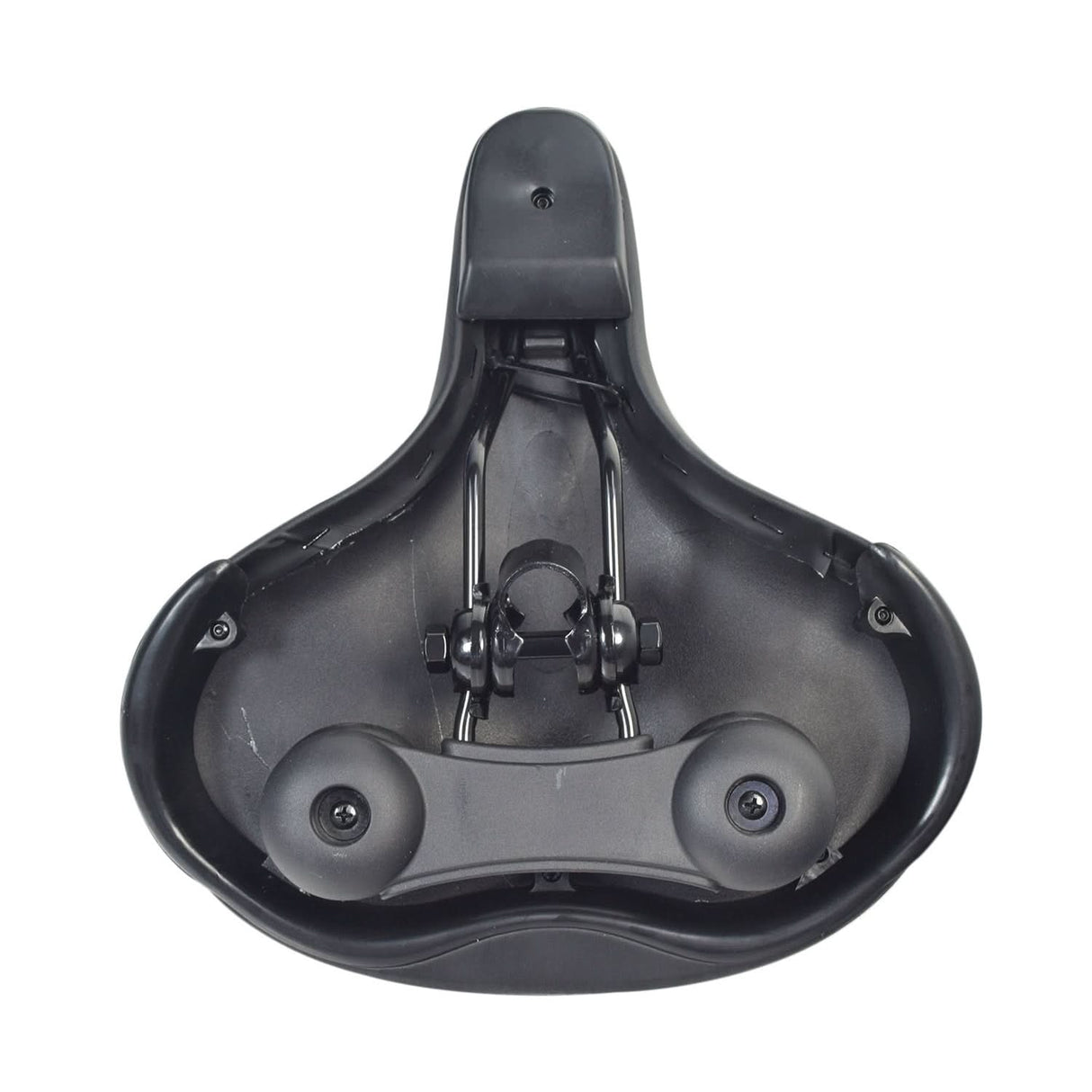 Cloud-9 Support XL Saddle/Seat features a plush black cover with white piping, dual coil suspension, and scuff-resistant corner guards, ideal for upright riding on cruisers or hybrids.