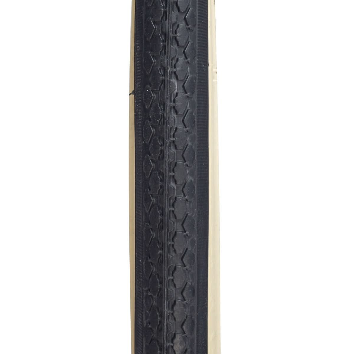 Close-up of a 27x1-1/4 Black/Off-White Classic HS-159 Active Twin Bicycle Tire showcasing its textured surface and durable design.