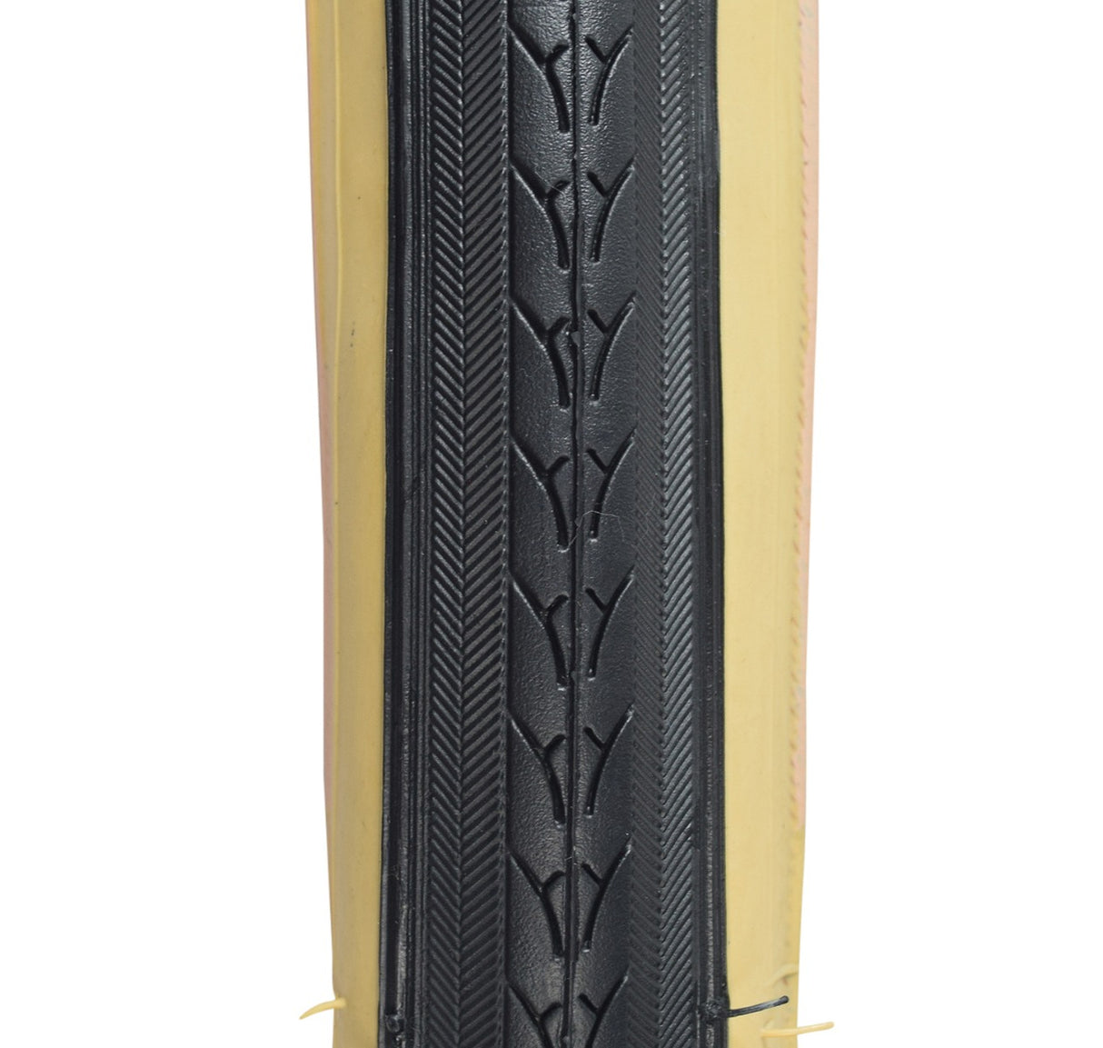 27x1-1/4 Black/Gum Urban Bicycle Tire featuring a close-up view of the durable thick rubber casing with smooth center tread and knurled shoulders designed for water evacuation and extra thick side walls.