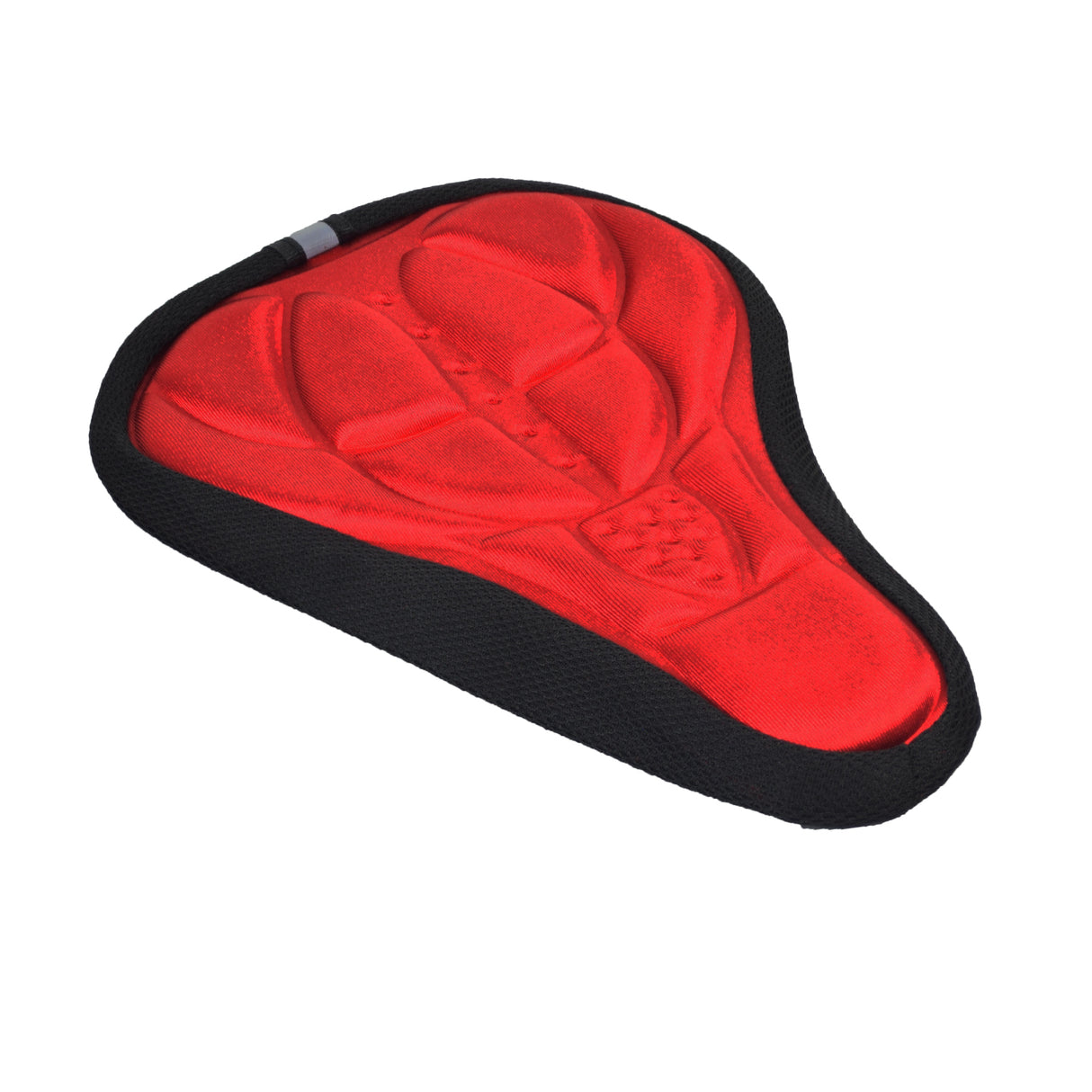 Gel Seat Cover for Bicycles featuring a cushioned design with sponge and silicone gel, Lycra nylon material, and a snug fit drawstring. Includes a reflective strip for added safety.