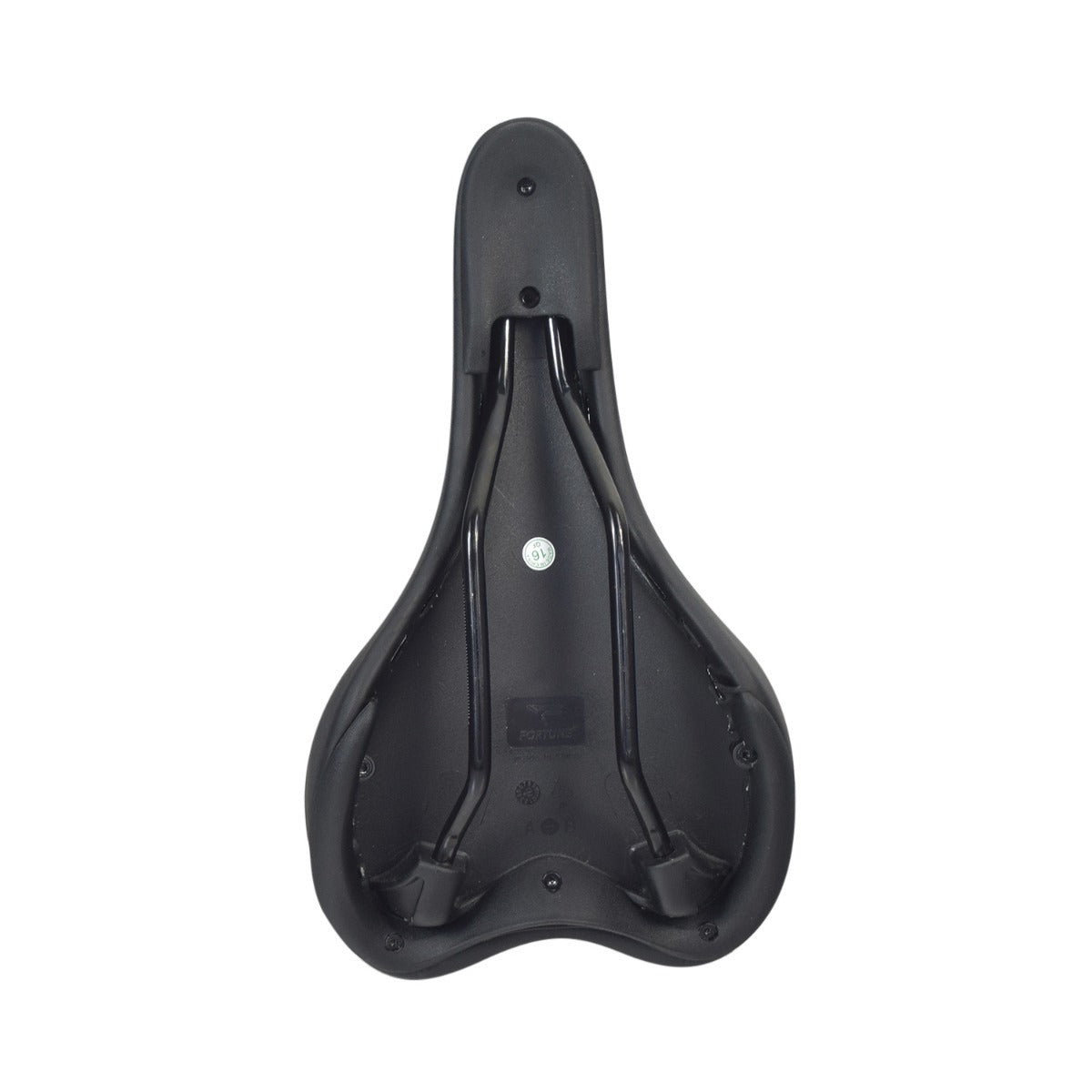 Seat for the ANCHEER 26 350W Electric Mountain Bike (Original): Black padded vinyl seat with shallow anatomical relief and steel mounting rails, designed for street-style comfort and durability.