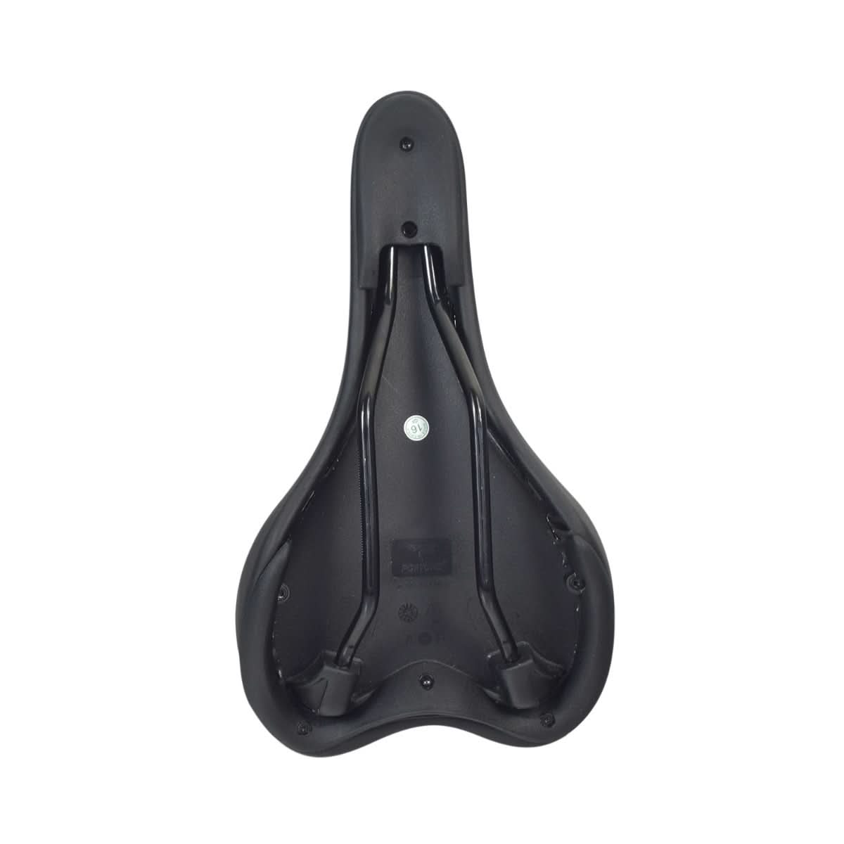 Seat for the ANCHEER 26 350W Electric Mountain Bike (Original): Black padded vinyl seat with shallow anatomical relief and steel mounting rails, designed for street-style comfort and durability.