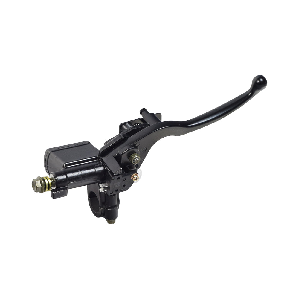 Black Left Side Brake Lever with Master Cylinder for QMB139 Scooters, featuring a black metal lever, handlebar, and a close-up of the master cylinder assembly with a sliding lock.